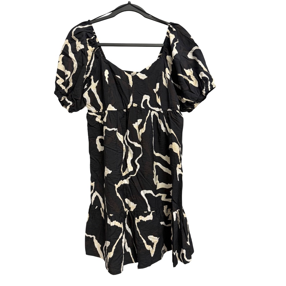 Nine West Women Black Cream Abstract Puff Sleeve Smocked Tiered Mini Dress M